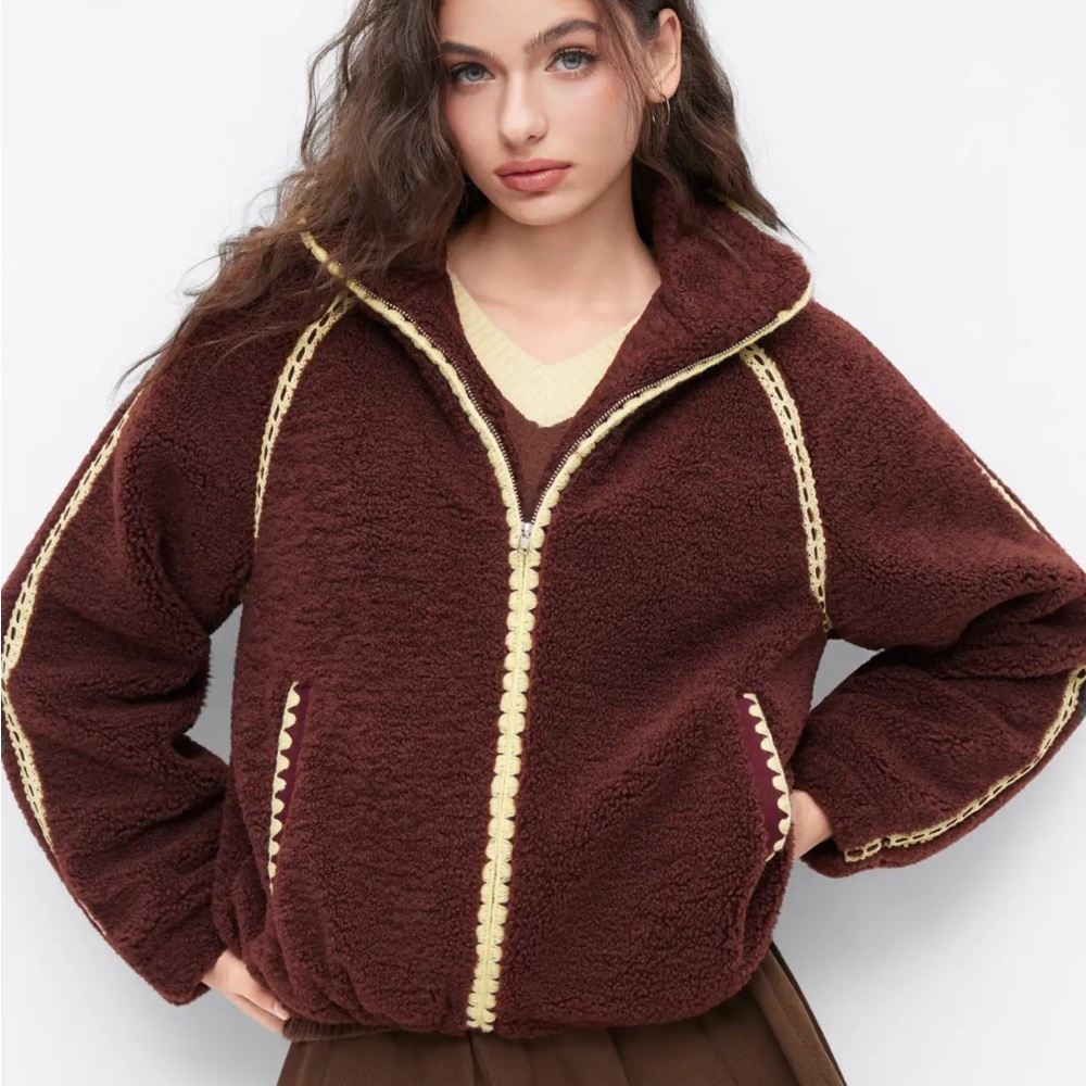 Cider Chocolate Teddy Jacket with Cream Details